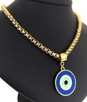 Colar Corrente E Pingente Olho Grego Azul Folheado Ouro 18k