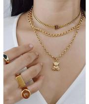 Colar Corrente Elo Português Feminino Com Pingente Ursinho Teddy Bear Folheado Ouro 18k Dourado Moda Luxo
