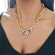 Colar Corrente Elos grosso Mosquetão Coração / Choker Elo grande folheado ouro 18k Moda