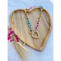 Colar Corrente Elos grosso Mosquetão Coração / Choker Elo grande folheado ouro 18k Moda