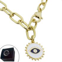 Colar Corrente Elos Ovais Olho Grego com Resina Branca/Azul Banhado a Ouro Colar Corrente Elos Ovais Olho Grego com Resina Branca/Azul Banhado a Ouro
