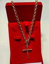 Colar Corrente Elos Português Feminino com Pingente Cruz Crucifixo Pequeno Médio Folheado Ouro 18k Cordão Moda 2023