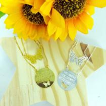 Colar Corrente Escapulário Borboleta Com Frase Folheado Ouro Prata Exclusivo Premium