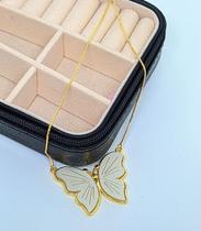 Colar Corrente Feminino com Pingente Borboleta Grande Madrepérola Folheado Ouro 18k Gargantilha 45cm Tendência