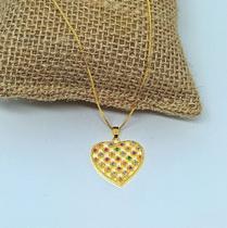 Colar Corrente Feminino com Pingente Coração Grande Cravejado Pedras Zircônias Coloridas Folheado Ouro 18k Gargantilha