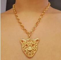 Colar Corrente Feminino com Pingente Onça Vazado Folheado Ouro 18k Tigre Dourado Tendência Moda Presente