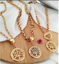 Colar Corrente Feminino Elo Português com Pingente Arvore da Vida Folheado Ouro 18k Gargantilha Tendência