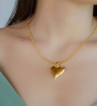 Colar Corrente Feminino Elo Português com Pingente Coração Lizo Grande Folheado Ouro 18K Dourado Gargantilha