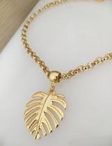 Colar corrente Feminino Elos Português com Pingente Folha Costela de Adão Folheado a Ouro 18K Dourado Moda