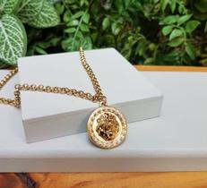 Colar Corrente Feminino Elos Português com Pingente Medalha Leão Folheado Ouro 18K Dourado Tendência