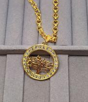 Colar Corrente Feminino Pingente Arvore da Vida Cravejado Pedras Zircônias Cristal Folheado 18k Elo Portguês Tendência