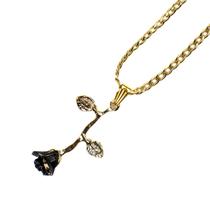 Colar Corrente Feminino Pingente Rosa Negra 3,5cm Dourado