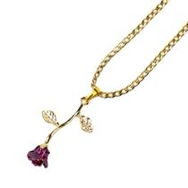 Colar Corrente Feminino Pingente Rosa Roxa 3,5 cm Dourado