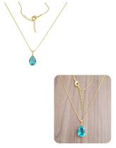 Colar Corrente Gota de Cristal Zirconia Azul Banhado Ouro