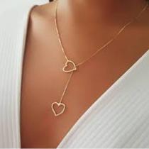 Colar Corrente Gravatinha Longo Coração Folheado Á Ouro 18k