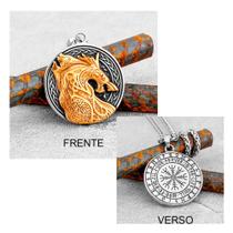Colar Corrente Masculina Pingente Viking Lobo Fenrir Runas Dupla Face Aço Inox