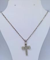 Colar Corrente Masculino com Pingente Cruz Crucifixo Oração Pai Nosso Aço Inoxidável 316L 70cm