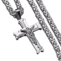 Colar Corrente Moda Masculina em Aço Inox com Pingente de Cruz Crucifixo Cristão Jesus Prata - Otto