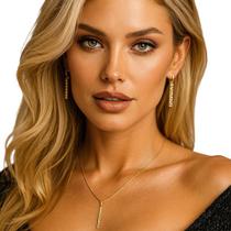 Colar Corrente Pingente Barra Microcravejada Ouro Zircônia Colar Corrente Pingente Barra Microcravejada Ouro Zircônia