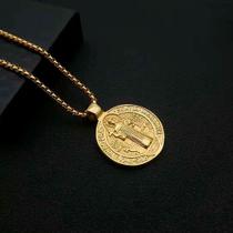 Colar Corrente Pingente Medalha de São Bento Dupla Face Banhada a Ouro 18k