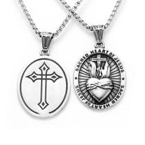 Colar Corrente Pingente Sagrado Coração de Jesus Dupla Face Aço Inox