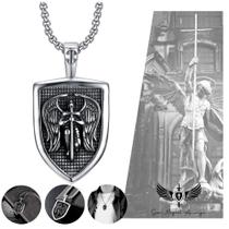 Colar Corrente Pingente São Miguel Arcanjo Escudo com Asas Aço Cirúrgico