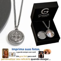 Colar Corrente Relicário Porta Fotos São Bento Grafite Proteção Guarde até 2 fotografias