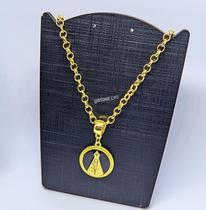 Colar Corrente Religiosa Elo Português Folheado a Ouro Dourado com Pingente Medalha Redonda Nossa senhora Aparecida Moda