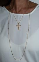 Colar Corrente Tripla Cruz com Zircônias e Bolas Banhado em Ouro 18K Colar Corrente Tripla Cruz com Zircônias e Bolas Banhado em Ouro 18K
