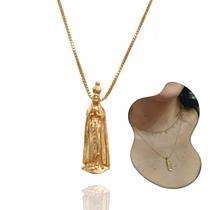 Colar Corrente Veneziana com pingente de Nossa Senhora de Fátima Semijoia Feminina Banhada a Ouro 18k com garantia 45cm Dourado Fé Antialérgico