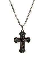 Colar Cowboy Fé Cruz Inox Pedras Verde