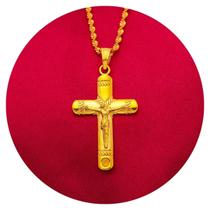 Colar Crucifixo Dourado Banhado a Ouro Religião Fé Deus
