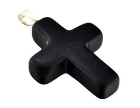 Colar Crucifixo Pedra Obsidiana Preta Natural Pino Prateado