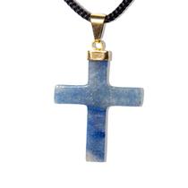 Colar Crucifixo Quartzo Azul Natural Envolto Dourado