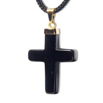 Colar Crucifixo Quartzo Preto Pedra Natural Envolto Dourado