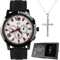 Colar Crucifixo Relogio Masculino Aço Inox ajustavel black piano social original presente prata