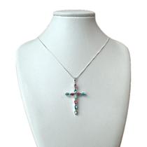 Colar Crucifixo Zircônias Coloridas Banhado a Prata Colar Crucifixo Zircônias Coloridas Banhado a Prata