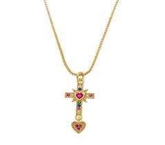 Colar Cruz com Corações e Zircônias Coloridas Banhado em Ouro 18K