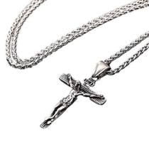 Colar Cruz Corrente Pingente Cristo Jesus Prateado J4142