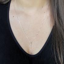 Colar Cruz Cravejada Torcida Prata 925 Banhada Semijoia 60cm