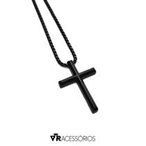 Colar Cruz Preto Masculino Corrente Aço Inoxidável 65cm