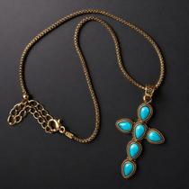 Colar Cruz Turquesa Dourado Estilo Boho Elegante Delicado com Pedras Azul Turquesa Presente ideal Colar Cruz Turquesa Dourado Estilo Boho Elegante Delicado com Pedras Azul Turquesa Presente ideal