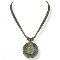 Colar Curto Cordão e Mandala Cascalho Verde Militar - 11880
