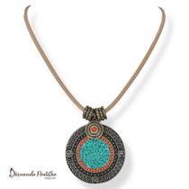 Colar Curto Cordão e Mandala com Cascalho - Coral e Turquesa 12638
