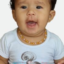 Colar de Âmbar Báltico Mel Polido com Quartzo Rosa Polido para Bebê