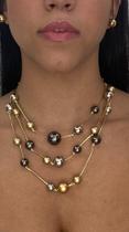 Colar de bolas abs prata, dourada e grafite com cordão dourado