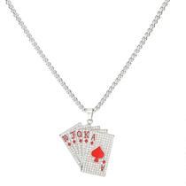 Colar de cartas de poker de hip hop com pingente de strass