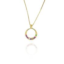 Colar De Circulo Com Metade Em Zircônia Colorida Folheado A Ouro 18k F027