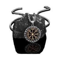 Colar De Compasso Viking Em Aço Inoxidável Cor Dourada Com Runas Nórdicas Para Homens Pingente