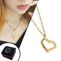 Colar de Coração Amor de Mãe Verdadeiro e Infinito Zircônia Colorido Semijoia Corrente Caixa 18k Colar de Coração Amor de Mãe Verdadeiro e Infinito Zircônia Colorido Semijoia Corrente Caixa 18k